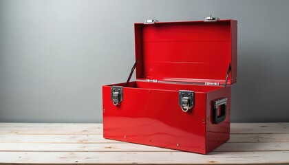 Red metal toolbox is open on wooden table. Toolbox has silver latches and handle on gray background. Empty container for storage and organisation.