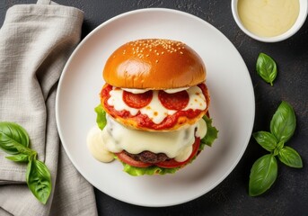 Gourmet Pepperoni Pizza-Style Burger with Melted Cheese &mdash; Closeup Food Photography