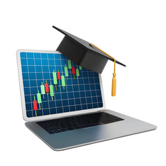Online education graduation cap on laptop displaying financial stock market data chart transparent background