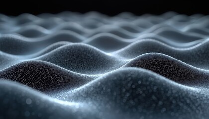 Obraz premium Wavy grid pattern with dots forming dark blue 3D surface. Abstract background with waves, particles. Complex geometric shape with blue particles. Wavy mesh grid with blue dots. 3D mesh surface with