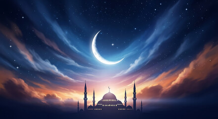 Obraz premium Backdrop for Ramadan Kareem Celebration Banner with Mosque Silhouette under Crescent Moon and Clouds in a Photorealistic High-Resolution Night Sky