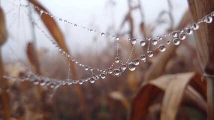 Close up of dew drops on spider webs in agricultural field during foggy morning