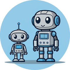 Cute robots illustration — friendly artificial intelligence characters in flat cartoon vector style