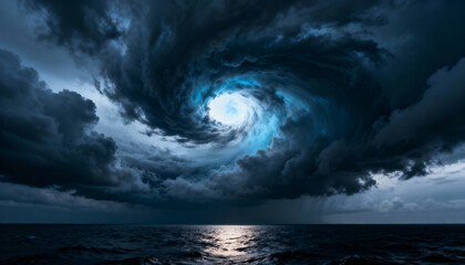 Dramatic storm clouds swirl over the ocean with a bright eye of light