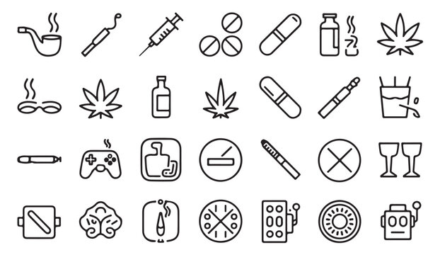Minimal line icons set representing drugs, cannabis, alcohol, and smoking objects for addiction awareness and healthcare illustration concepts - Powered by Adobe