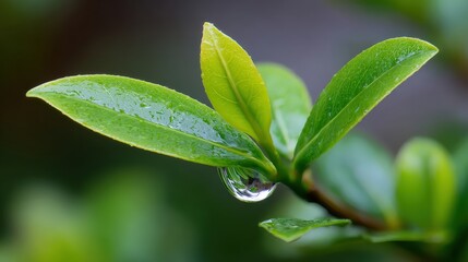 Fototapeta premium Close up view of fresh green leaves with water droplets