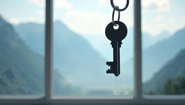 Home key hangs before window. Mountains visible outside. Key new life. New apt with view. Mortgage opportunity in nature. Real estate business. Dream apartment. Eco residential area. Buying house.