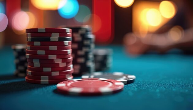 Poker chips lie on blue table with blurred lights. Red and black casino tokens stack for gambling games. Chance and fortune concept in betting club at Las Vegas.