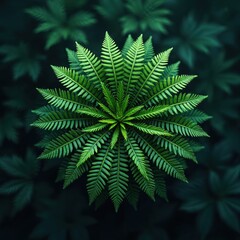 Fototapeta premium Aerial view of rich green fern circle pattern. Fern leaf in center, surrounded by similar leaves. Dark green background with more ferns. Nature symmetry, vibrant green color.