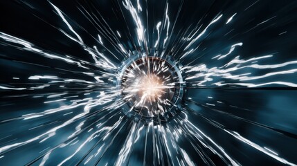 Obraz premium Exploring a dynamic burst of energy in a futuristic tunnel with bright sparks at the center