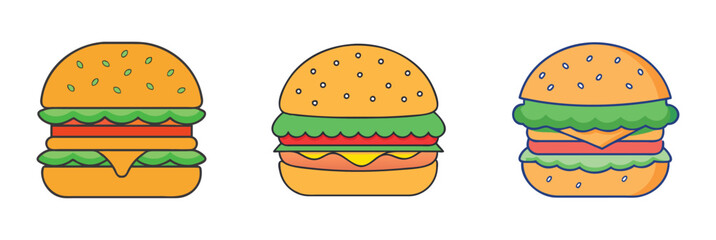 Three delicious cartoon burgers vector illustration for fast food restaurant menu and design projects