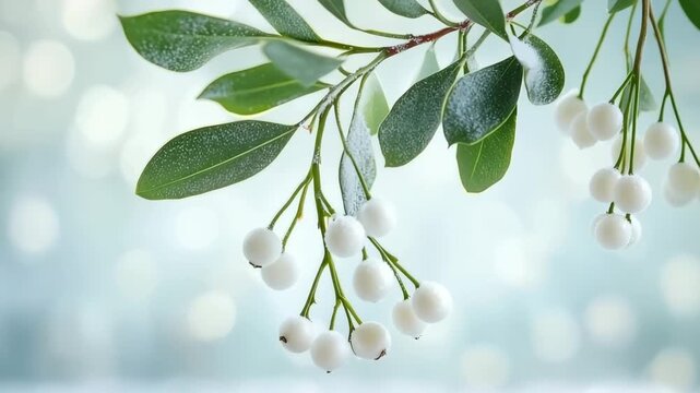 Close-up of snow-covered mistletoe branch with white berries and green leaves in soft winter light, smooth camera movement. christmass card