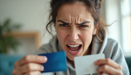 Fototapeta premium Angry woman holds credit cards screaming. She shows frustration and stress about finance issues. Girl expresses strong negative emotions. Woman angry about money and debts.