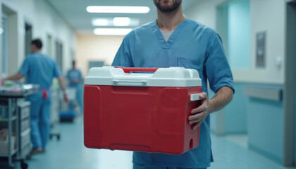 A medical professional carries a cooler box. He walks along the hospital corridor. Concept of organ transplant and medical procedure. Healthcare worker in scrubs. Life-saving mission.