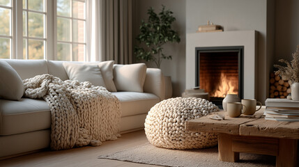 An inviting domestic scene with a plush knit throw draped over a sofa, bathed in soft daylight, creates a peaceful atmosphere for ultimate home comfort.