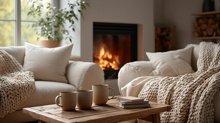 A serene and cozy living room embodies hygge, featuring a warm fireplace, chunky knit blanket, and natural light, perfect for relaxation and comfort.