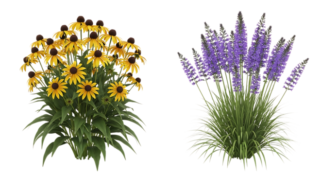Yellow coneflowers and purple lavender plants transparent isolated