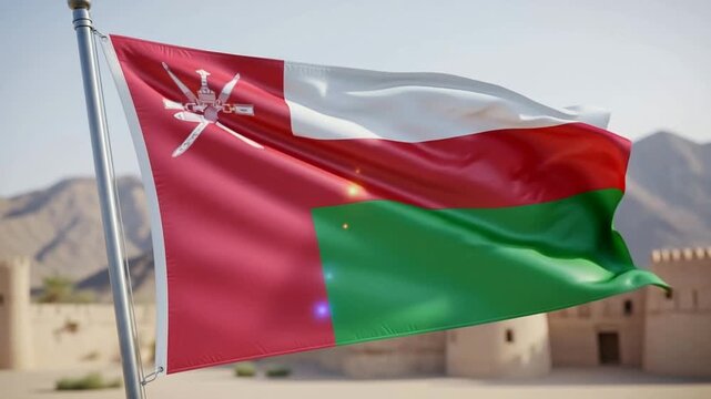 Oman flag waving in wind against desert landscape and ancient fort backdrop patriotic national symbol of Sultanate of Oman Middle East travel and tourism concept with clear sky and sun flare