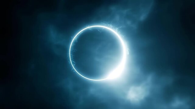 Dramatic solar eclipse glowing in dark cloudy sky, cosmic natural phenomenon