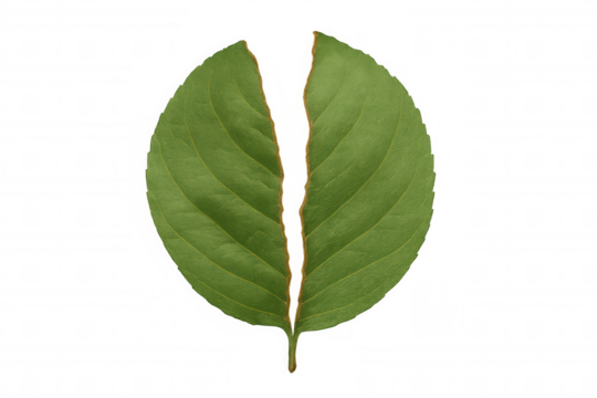 Green leaf broken in the middle, creating two distinct halves, representing concepts of splitting, damage, or dilemma