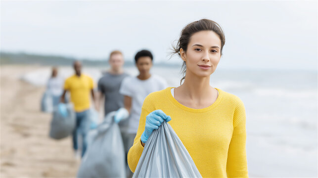 Group of volunteers collecting trash on beach, concept of environmental care, community and sustainability.