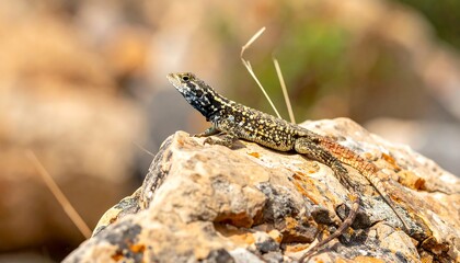 Obraz premium A small reptile, with patterned scales, rests atop a rough, textured stone, blending well with the natural surroundings. The blurred background hints at greenery