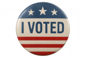 I voted election button displaying patriotism, democracy, and civic duty on a transparent background