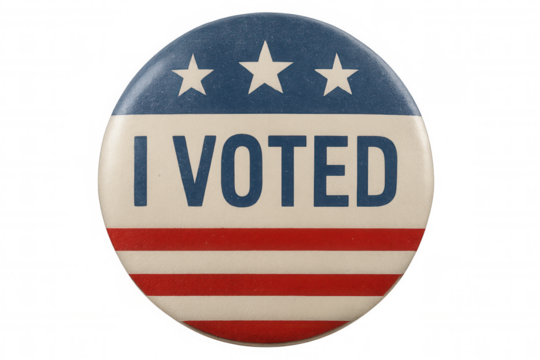 I voted election button displaying patriotism, democracy, and civic duty on a transparent background