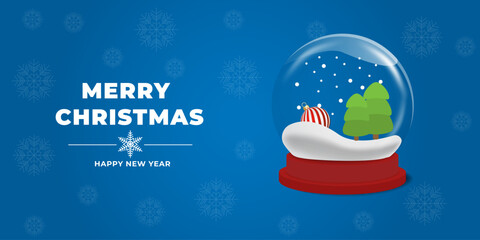 3d Christmas snow globe on blue background with snowflakes. Holiday New year backdrop for banner sale, discount offer, festive invitation . Vector