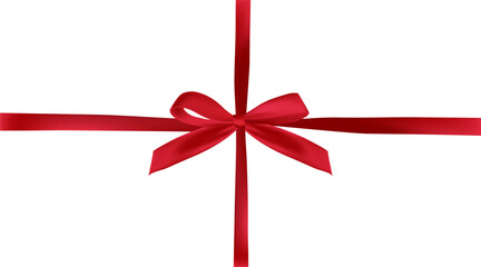 Vector red bow and ribbon for birthday present on white background. Shine bow for greeting card and other decor. Top view