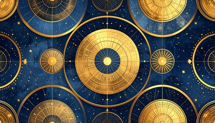 A symmetrical pattern featuring celestial circles and intricate gold designs on a deep blue, starry background. Resembles astronomical charts