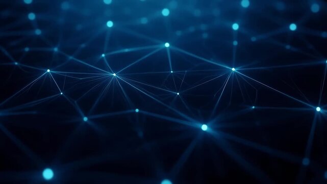 Blue glowing network of connected points forming digital mesh structure with smooth camera movement, data technology visualization