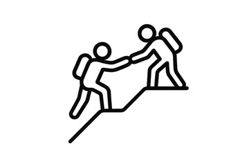 Two hikers helping each other climb a steep trail during a sunny day in nature