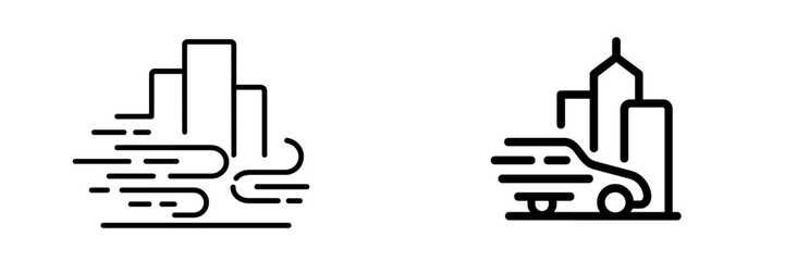 City skyline with motion lines and vehicle, symbolizing urban transport and activity