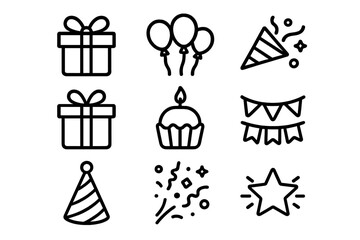 Naklejka premium Celebration icons featuring gifts, balloons, and party decorations for festive events