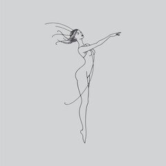 Elegant line drawing depicts a woman with flowing hair in motion