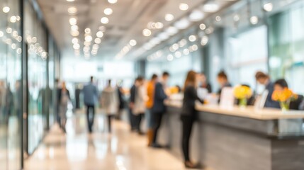 Blurred image of busy reception area with people interacting at a modern front desk
