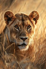 Fototapeta premium A majestic lioness gazes with piercing eyes, its regal presence commanding attention amidst the golden hues of the savanna. It's a powerful symbol of grace and strength.