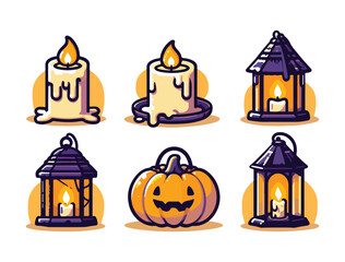 Cute Cartoon Candle and Lantern Vector Set for Cozy Halloween Night