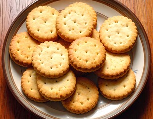 A top-down shot captures a plate overflowing with golden, round sandwich cookies, displaying their textures and layers. The plate has a subtle patterned border