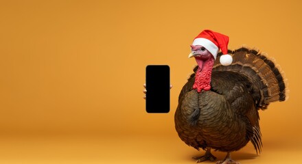 Thanksgiving Turkey with Smartphone wear Santa clause hat on orange background, 