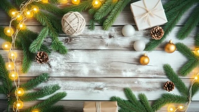 Hands holding and taking eco-friendly Christmas gift wrapped in brown paper with pine branch and festive decorations