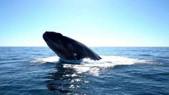 Humpback whale breaches and splashes water in sunny ocean. Vibrant blue setting creates stunning visual of marine life. Concept of wildlife conservation, marine tourism, oceanography