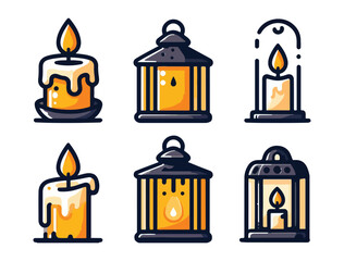 Cartoon Style Candle and Lantern Vector Illustrations for Halloween Theme
