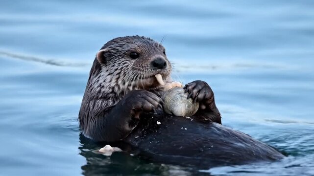 Otter munching on shellfish while floating on water. Calm blue aquatic environment with gentle waves. Concept of wildlife, marine life, nature education