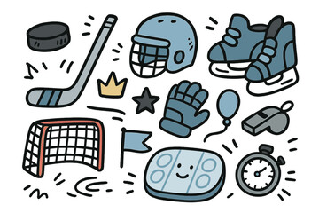 Hockey Icon Doodles. Hockey doodle icon set: hand drawn icons of puck, stick, helmet, gloves, skates, net, crown, star, balloon,