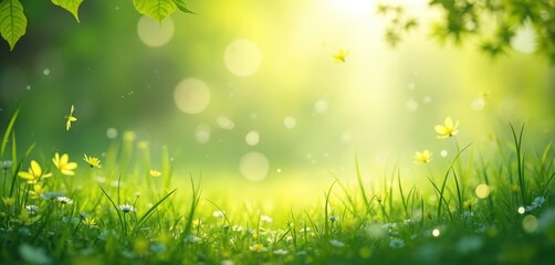 Blurred green grass field with yellow, white flowers, bokeh lights, soft green leaves. Bright sunny day with vibrant spring nature background, defocused abstract scenery, peaceful environment. Green