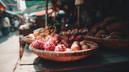 Fototapeta premium Vibrant fresh produce displayed at a local market with variety of fruits and vegetables