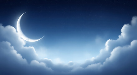 Backdrop for Ramadan Kareem Celebration Banner with Mosque Silhouette under Crescent Moon and Clouds in a Photorealistic High-Resolution Night Sky