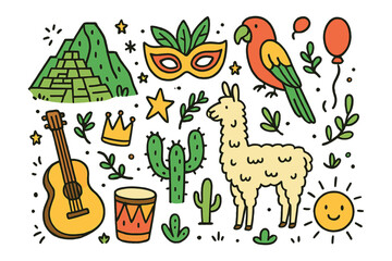Fototapeta premium South America Icon Doodles. South America travel doodle icon set: hand drawn icons of Machu Picchu, carnival mask, parrot, llama,